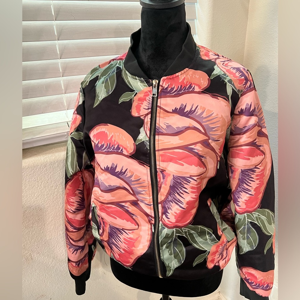 Say What? Floral Bomber Jacket in Black with Pink & Green